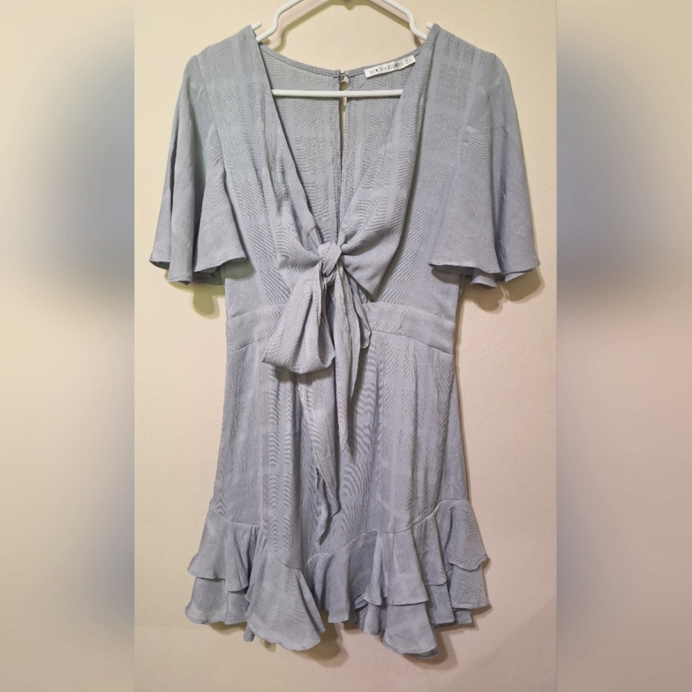Saints + Secrets Small Blue Gingham tie front cutout ruffle mini dress